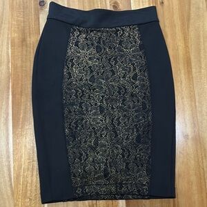 Elegant Black Pencil Skirt with Gold Lace Panel